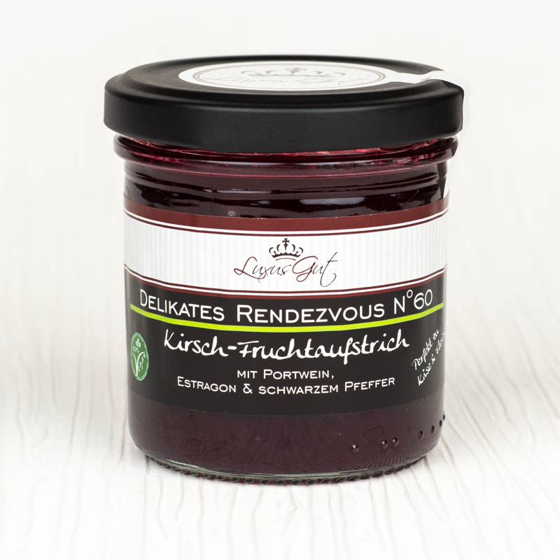 Kaese-Fleischbegleiter Kirsch-Portwein-Fruchtaufstrich mit Estragon & schwarzem Pfeffer